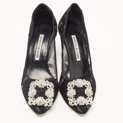 Pre Owned Manolo Blahnik Black Lace and Canvas Hangisi Pumps Size 36.5