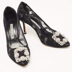 Pre Owned Manolo Blahnik Black Lace and Canvas Hangisi Pumps Size 36.5