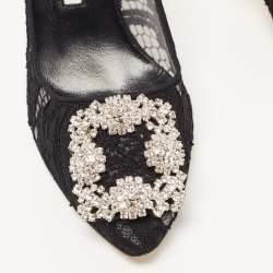 Pre Owned Manolo Blahnik Black Lace and Canvas Hangisi Pumps Size 36.5