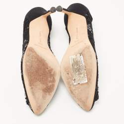 Pre Owned Manolo Blahnik Black Lace and Canvas Hangisi Pumps Size 36.5