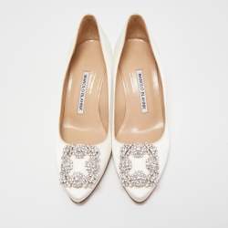 Pre Owned Manolo Blahnik White Satin Hangisi Pumps Size 36.5