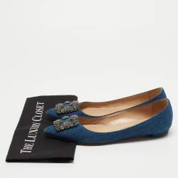 Pre Owned Manolo Blahnik Blue Denim Hangisi Embellished Pointed Toe Ballet Flats Size 40.5