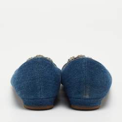 Pre Owned Manolo Blahnik Blue Denim Hangisi Embellished Pointed Toe Ballet Flats Size 40.5