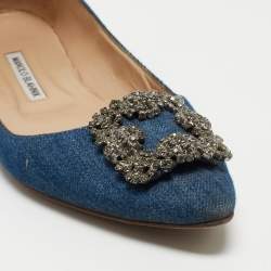 Pre Owned Manolo Blahnik Blue Denim Hangisi Embellished Pointed Toe Ballet Flats Size 40.5