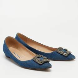 Pre Owned Manolo Blahnik Blue Denim Hangisi Embellished Pointed Toe Ballet Flats Size 40.5