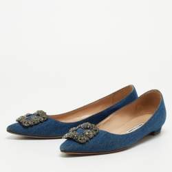 Pre Owned Manolo Blahnik Blue Denim Hangisi Embellished Pointed Toe Ballet Flats Size 40.5