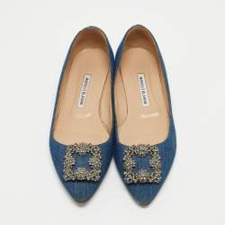 Pre Owned Manolo Blahnik Blue Denim Hangisi Embellished Pointed Toe Ballet Flats Size 40.5