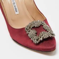 Manolo Blahnik Burgundy Satin Hangisi Embellished Pointed Toe Pumps Size 38