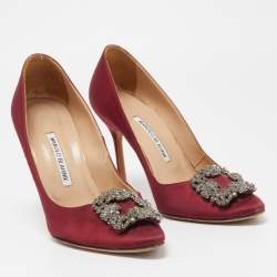 Manolo Blahnik Burgundy Satin Hangisi Embellished Pointed Toe Pumps Size 38