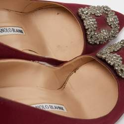 Manolo Blahnik Burgundy Satin Hangisi Embellished Pointed Toe Pumps Size 38