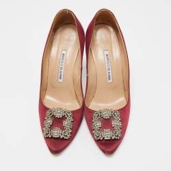 Manolo Blahnik Burgundy Satin Hangisi Embellished Pointed Toe Pumps Size 38