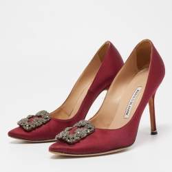 Manolo Blahnik Burgundy Satin Hangisi Embellished Pointed Toe Pumps Size 38