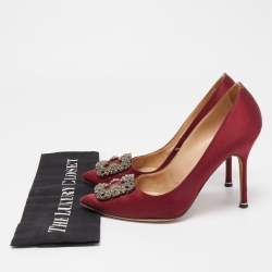 Manolo Blahnik Burgundy Satin Hangisi Embellished Pointed Toe Pumps Size 38