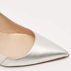 Pre Owned Manolo Blahnik Silver/White Leather  BB Pointed Toe  Pumps Size 36.5