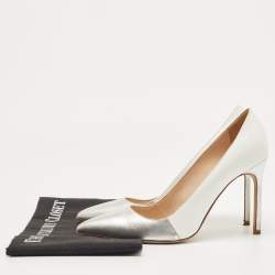 Pre Owned Manolo Blahnik Silver/White Leather  BB Pointed Toe  Pumps Size 36.5