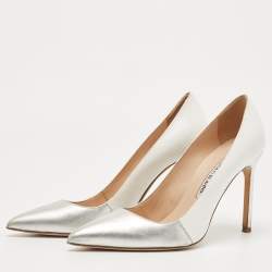 Pre Owned Manolo Blahnik Silver/White Leather  BB Pointed Toe  Pumps Size 36.5