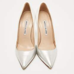 Pre Owned Manolo Blahnik Silver/White Leather  BB Pointed Toe  Pumps Size 36.5