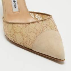 Pre Owned Manolo Blahnik Beige Suede and Lace Carolyne Slingback Pumps Size 37