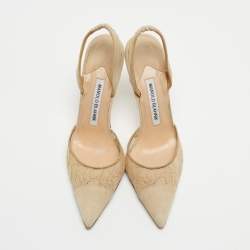 Pre Owned Manolo Blahnik Beige Suede and Lace Carolyne Slingback Pumps Size 37
