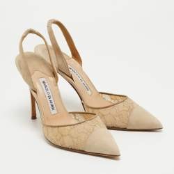 Pre Owned Manolo Blahnik Beige Suede and Lace Carolyne Slingback Pumps Size 37