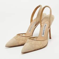 Pre Owned Manolo Blahnik Beige Suede and Lace Carolyne Slingback Pumps Size 37