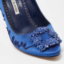 Pre Owned Manolo Blahnik Blue Satin Hangisi Crystal Embellished Pointed Toe Pumps Size 37