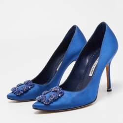 Pre Owned Manolo Blahnik Blue Satin Hangisi Crystal Embellished Pointed Toe Pumps Size 37