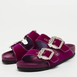 Pre Owned Manolo Blahnik x Birkenstock Purple Velvet Crystal Embellished Arizona Slides Size 36