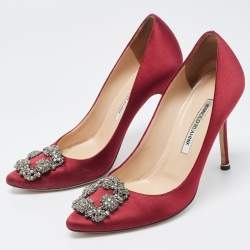 Pre Owned Manolo Blahnik Burgundy Satin Hangisi Pumps Size 38