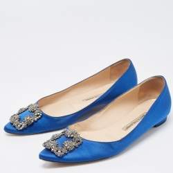 Pre Owned Manolo Blahnik Blue Satin Hangisi Ballet Flats Size 38