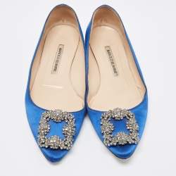 Pre Owned Manolo Blahnik Blue Satin Hangisi Ballet Flats Size 38