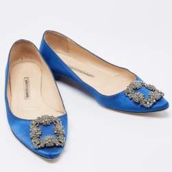 Pre Owned Manolo Blahnik Blue Satin Hangisi Ballet Flats Size 38