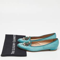 Pre Owned Manolo Blahnik Turquoise Satin Embellished Ballet Flats Size 38