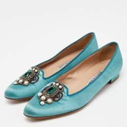 Pre Owned Manolo Blahnik Turquoise Satin Embellished Ballet Flats Size 38