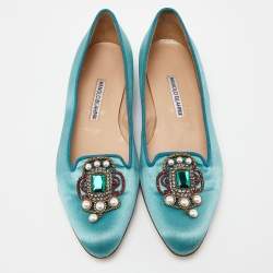 Pre Owned Manolo Blahnik Turquoise Satin Embellished Ballet Flats Size 38