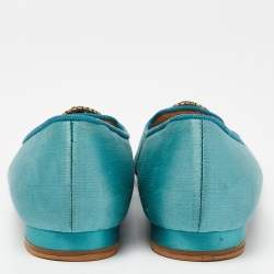 Pre Owned Manolo Blahnik Turquoise Satin Embellished Ballet Flats Size 38