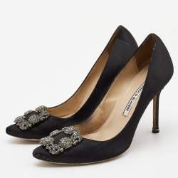 Pre Owned Manolo Blahnik Black Satin Hangisi Pumps Size 38