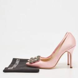 Manolo Blahnik Pink Satin Hangisi Crystal Embellished Pointed Toe Pumps Size 38