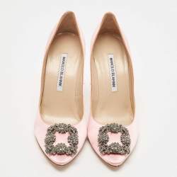 Manolo Blahnik Pink Satin Hangisi Crystal Embellished Pointed Toe Pumps Size 38