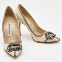 Manolo Blahnik Creme Fabric Gotrian Crystals Embellished Pumps Size 38