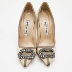 Manolo Blahnik Creme Fabric Gotrian Crystals Embellished Pumps Size 38