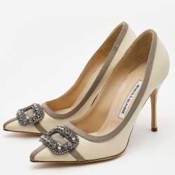 Manolo Blahnik Creme Fabric Gotrian Crystals Embellished Pumps Size 38