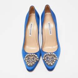 Pre Owned Manolo Blahnik Blue Satin Okkato Pumps Size 39.5