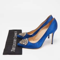Pre Owned Manolo Blahnik Blue Satin Okkato Pumps Size 39.5