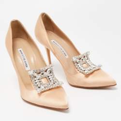 Pre Owned Manolo Blahnik Beige Satin Borlak Pointed Toe Pumps Size 37.5