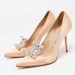 Pre Owned Manolo Blahnik Beige Satin Borlak Pointed Toe Pumps Size 37.5