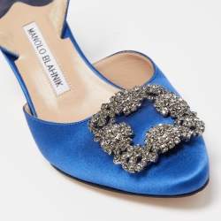Pre Owned Manolo Blahnik Blue Satin Hangisi Slingback Pumps Size 37.5