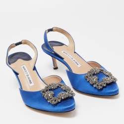 Pre Owned Manolo Blahnik Blue Satin Hangisi Slingback Pumps Size 37.5