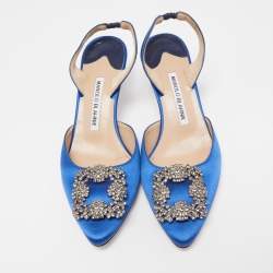 Pre Owned Manolo Blahnik Blue Satin Hangisi Slingback Pumps Size 37.5
