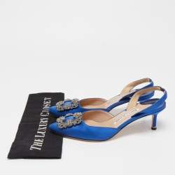 Pre Owned Manolo Blahnik Blue Satin Hangisi Slingback Pumps Size 37.5